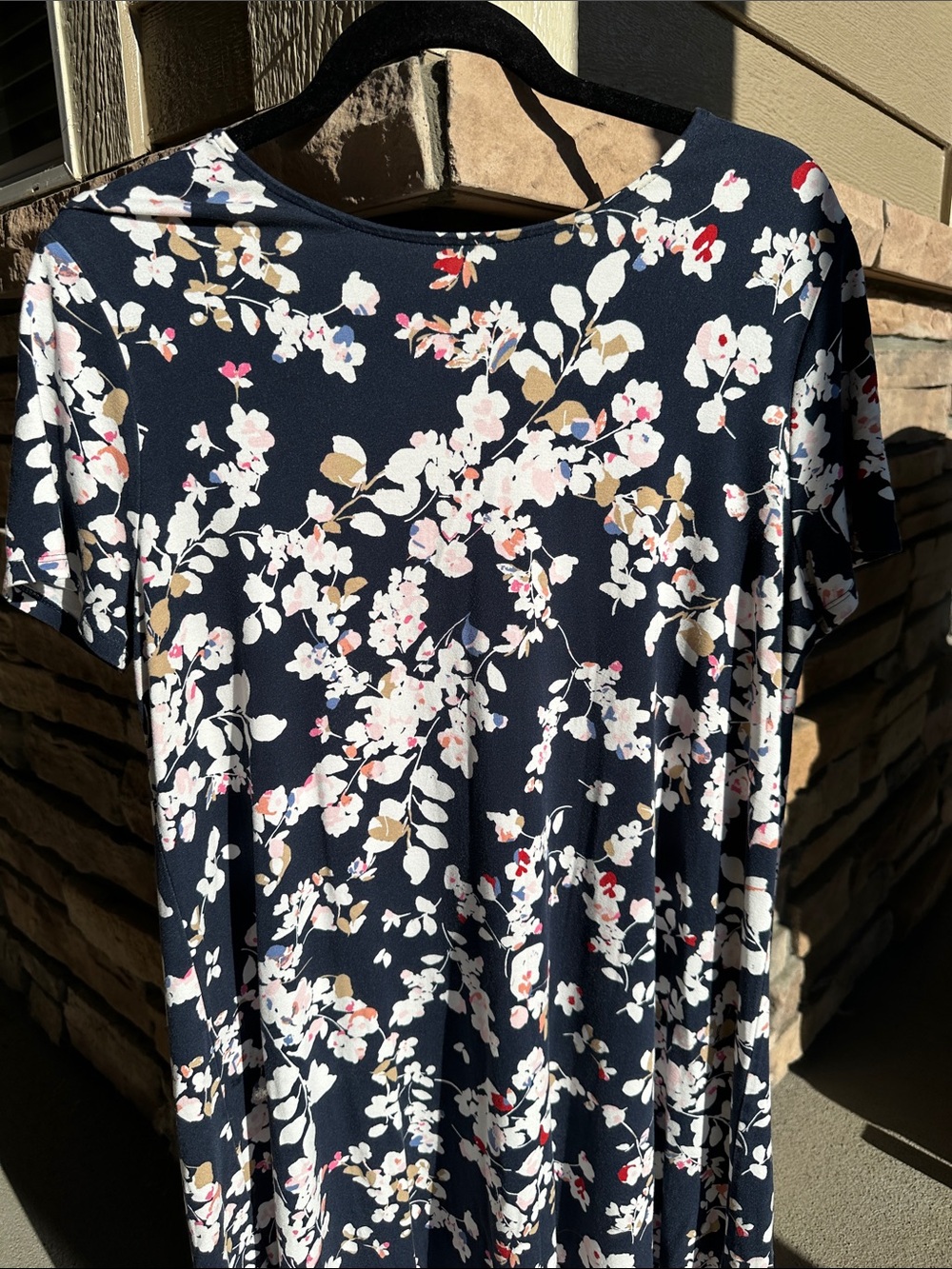 J. Jill Navy Floral Midi Dress with Pink and Cream Blooms